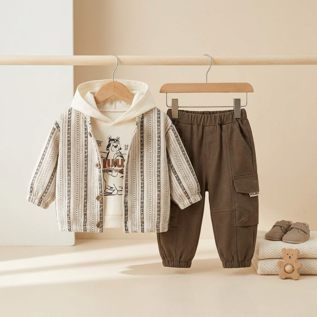 3-Piece Boys Hooded Casual Outfit Set – Hoodie, Striped Jacket & Pants