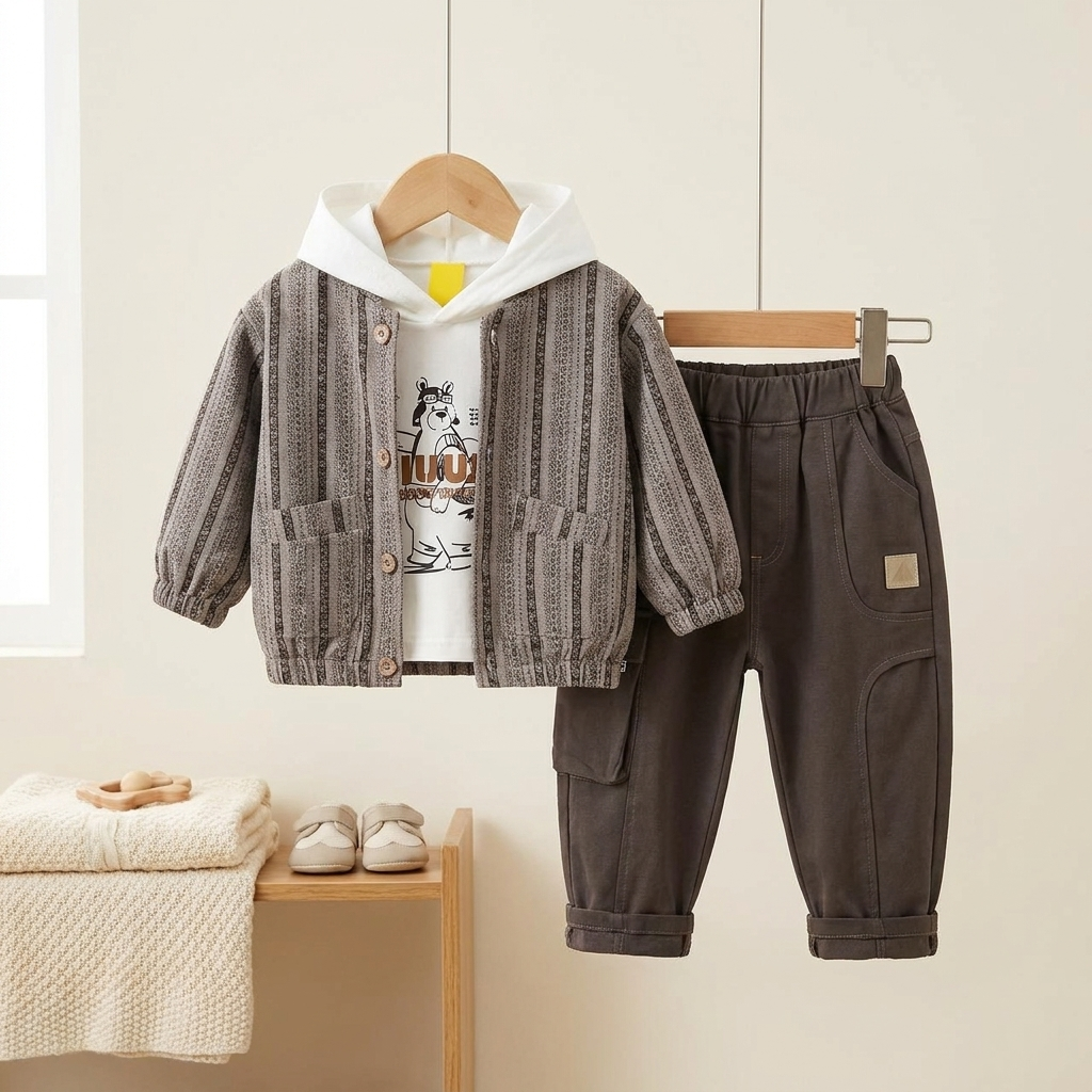 3-Piece Boys Hooded Striped Outfit Set – Hoodie, Jacket & Cargo Pants