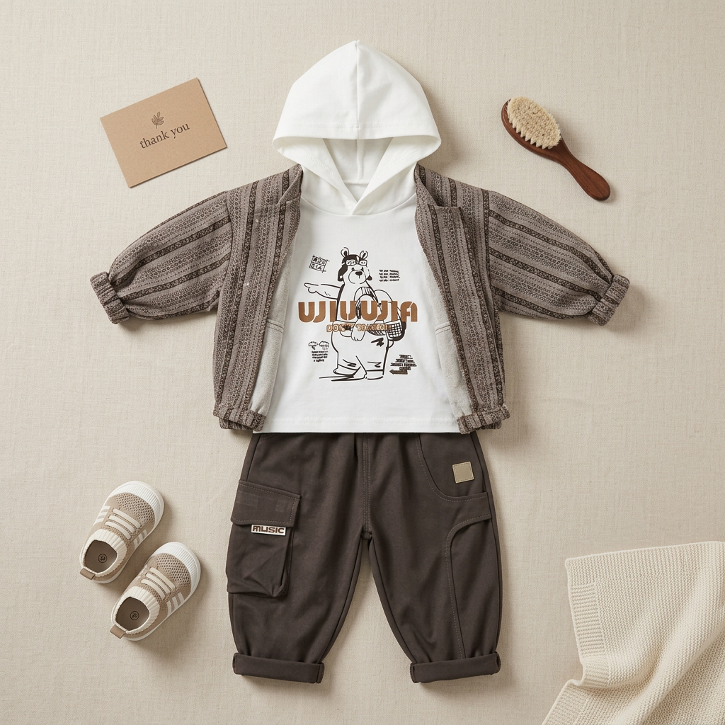 3-Piece Boys Hooded Striped Outfit Set – Hoodie, Jacket & Cargo Pants