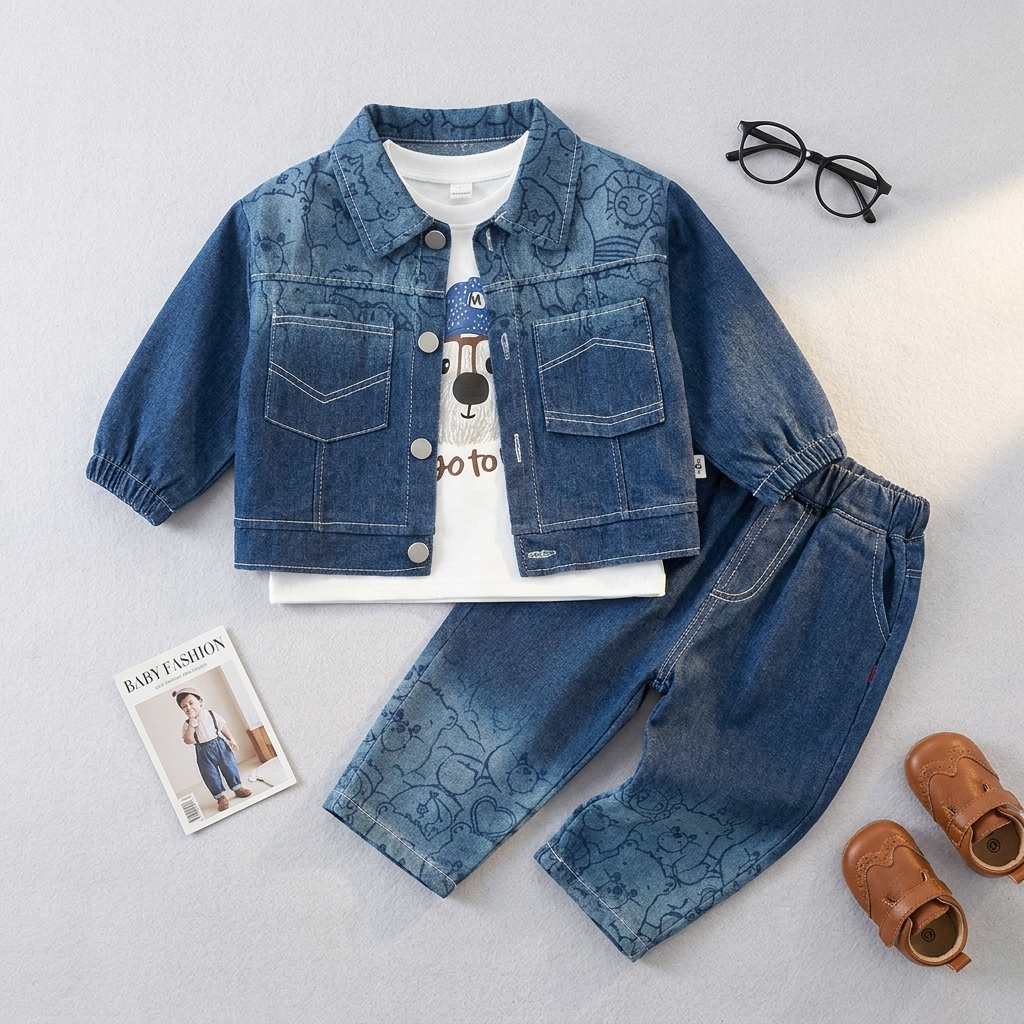 Baby Boy Denim Jacket 3 Piece Outfit Set – Blue