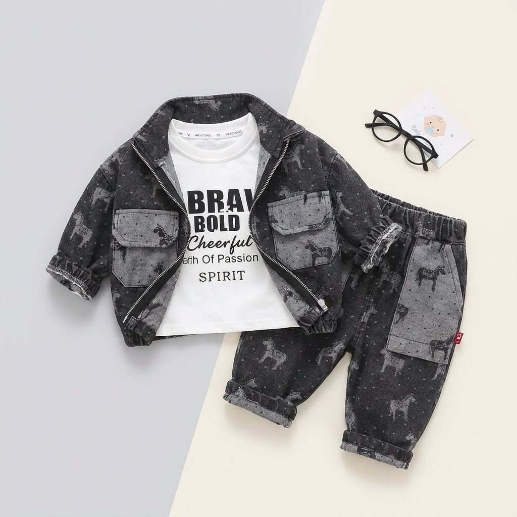 Baby Boy Denim Style 3 Piece Jacket Set – Charcoal Grey