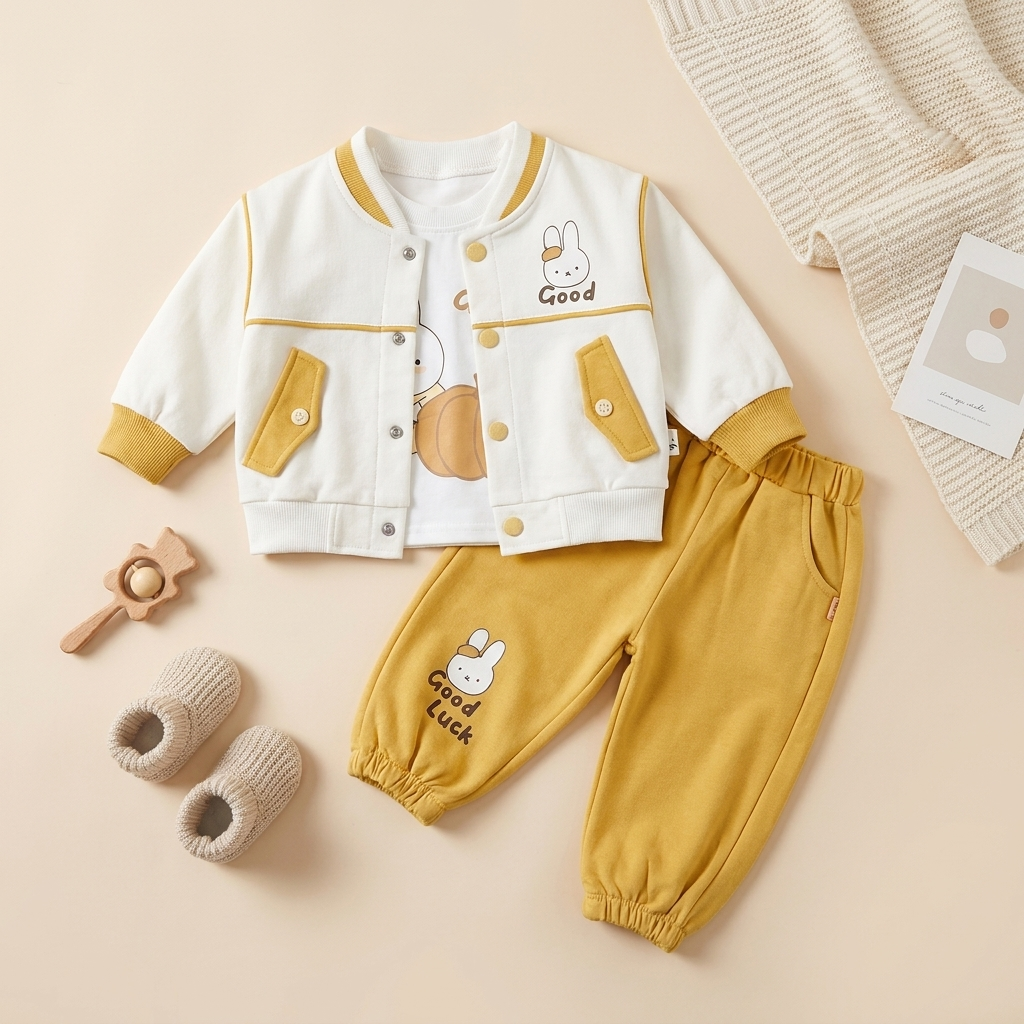 Baby Boy Good Luck Bunny 3 Piece Cotton Outfit Set – White & Mustard
