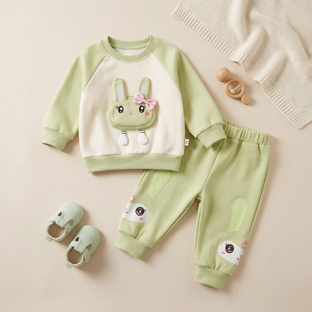 Baby Girl 3D Bunny Sweatshirt & Jogger Set – 2 Piece Outfit (Mint Green)