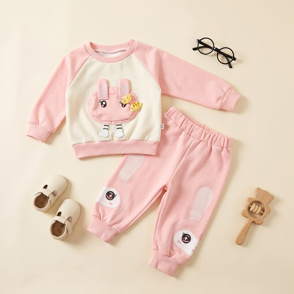 Baby Girl Bunny Sweatshirt & Jogger Set – 2 Piece Outfit (Pink)