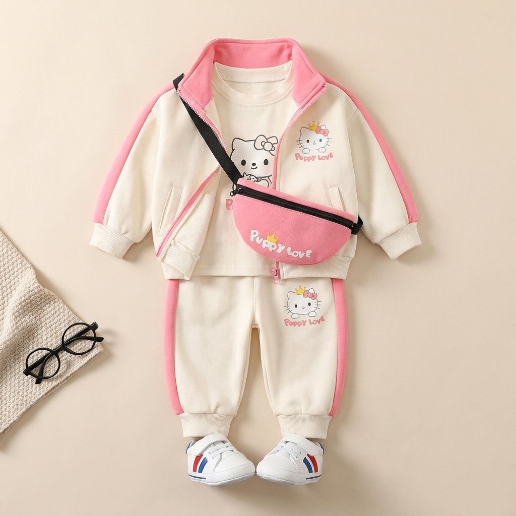 Baby Girl Kitty Tracksuit with Crossbody Bag – 4 Piece Set (Pink)