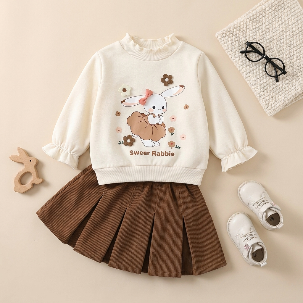 Sweet Bunny 2-Piece Girls Sweatshirt & Pleated Skirt Set