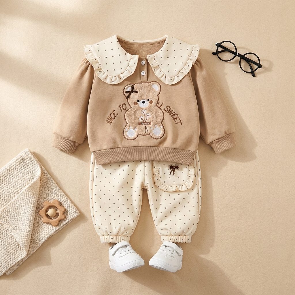 Baby Girl Teddy Collar Sweatshirt & Polka Dot Pants 2-Piece Set – Beige