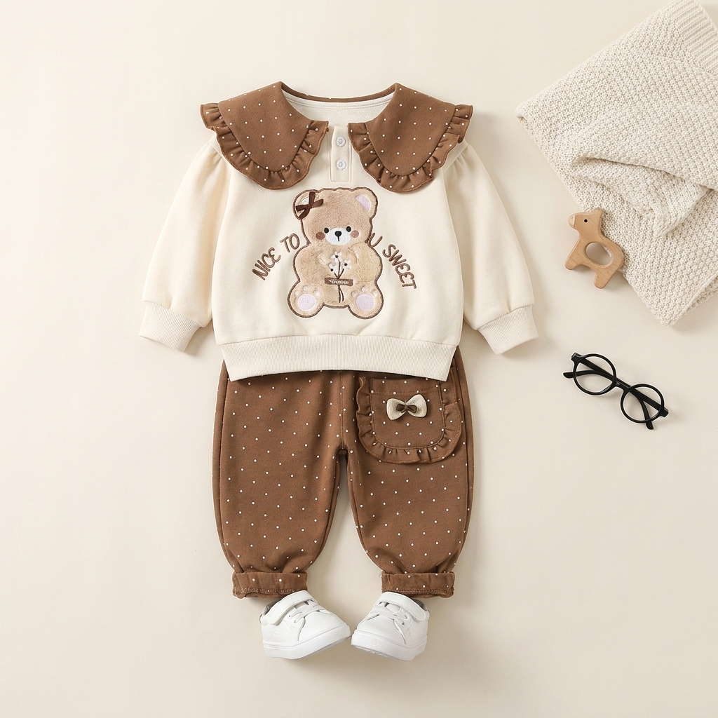 Baby Girl Teddy Bear Peter Pan Collar Sweatshirt & Polka Dot Pants 2-Piece Set – Brown
