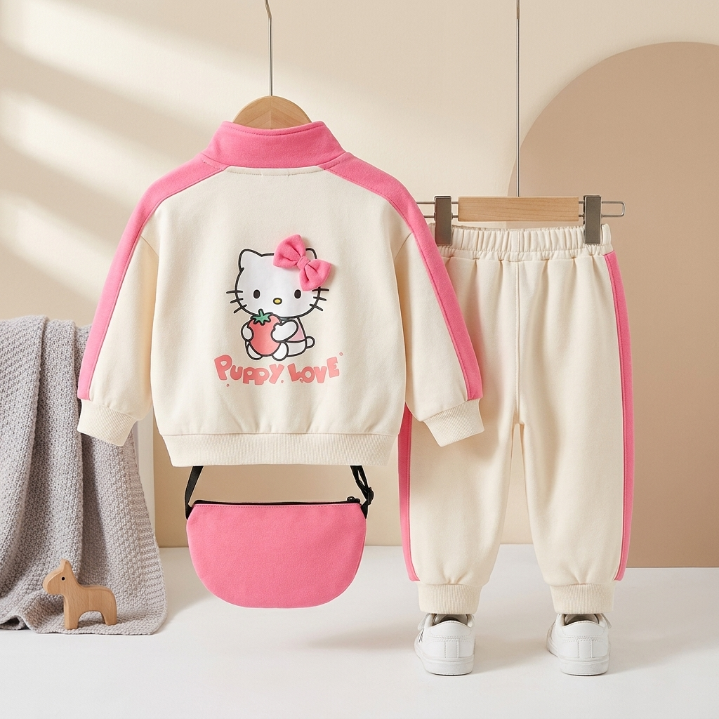 Baby Girl Kitty Tracksuit with Crossbody Bag – 4 Piece Set (Pink)