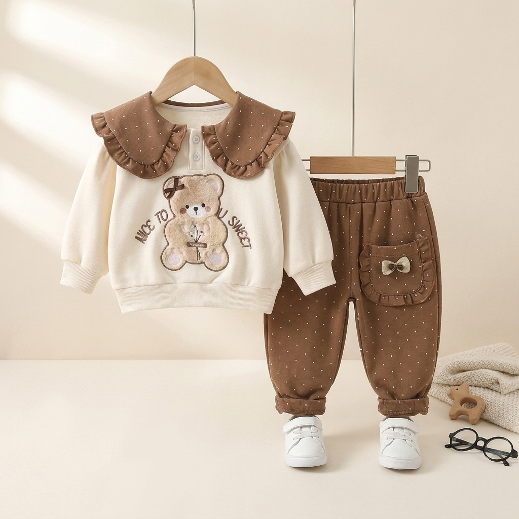 Baby Girl Teddy Bear Peter Pan Collar Sweatshirt & Polka Dot Pants 2-Piece Set – Brown