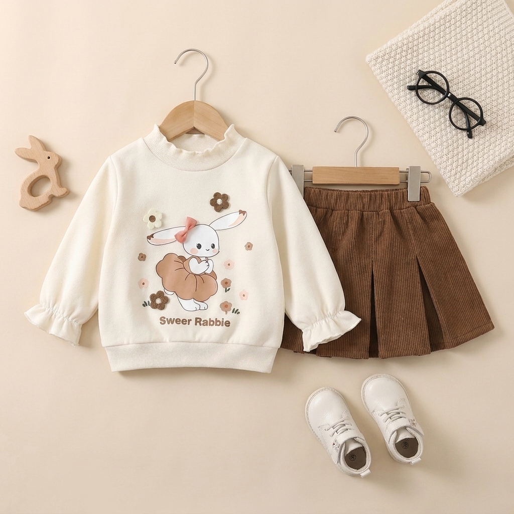 Sweet Bunny 2-Piece Girls Sweatshirt & Pleated Skirt Set