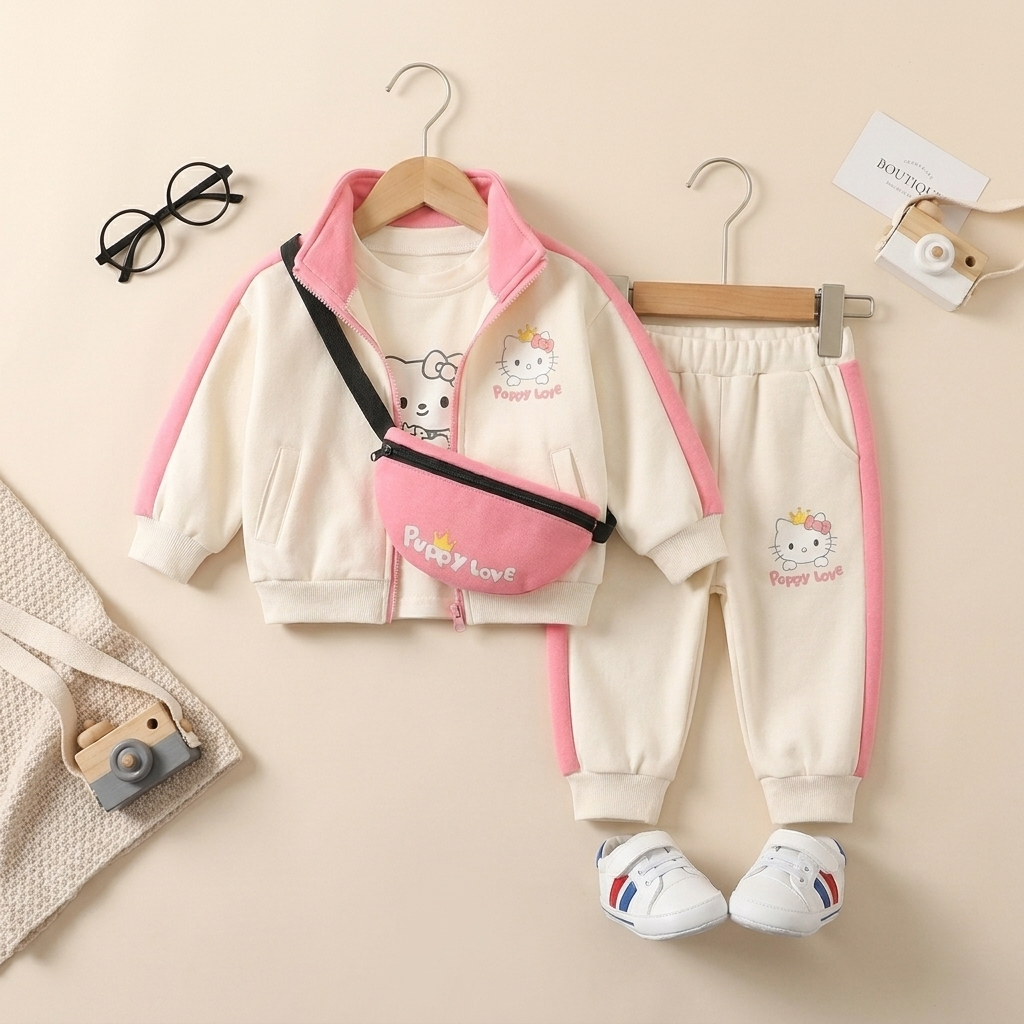 Baby Girl Kitty Tracksuit with Crossbody Bag – 4 Piece Set (Pink)