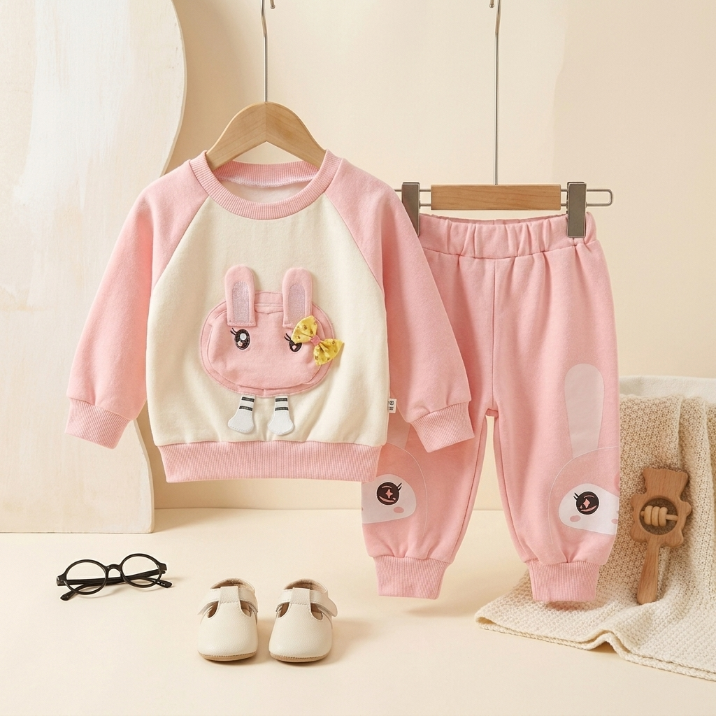 Baby Girl Bunny Sweatshirt & Jogger Set – 2 Piece Outfit (Pink)