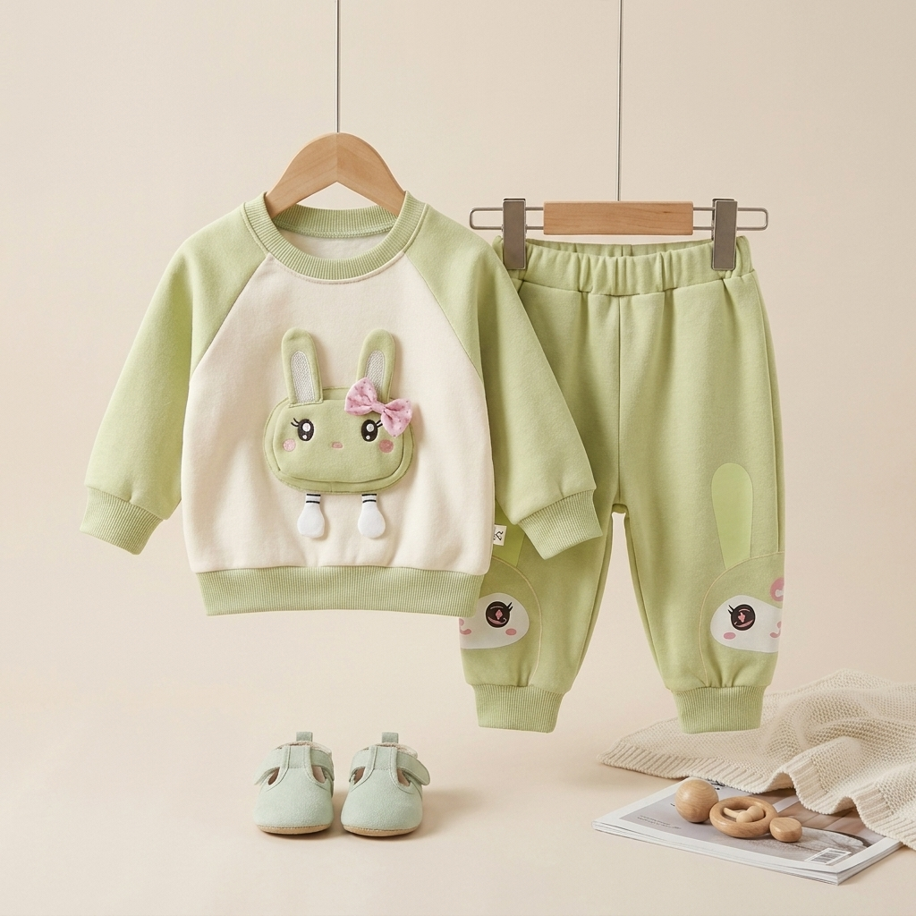 Baby Girl 3D Bunny Sweatshirt & Jogger Set – 2 Piece Outfit (Mint Green)
