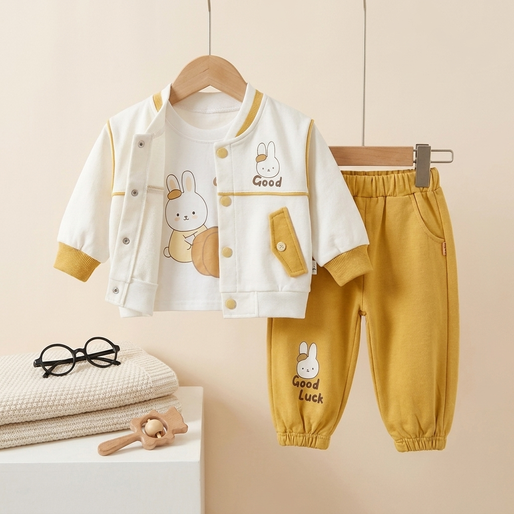 Baby Boy Good Luck Bunny 3 Piece Cotton Outfit Set – White & Mustard