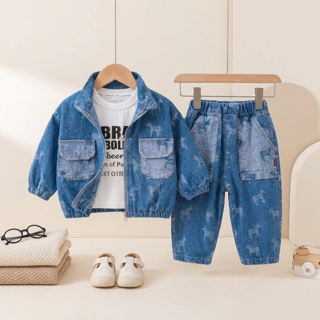 Baby Boy Denim Style 3 Piece Jacket Set – Charcoal Grey