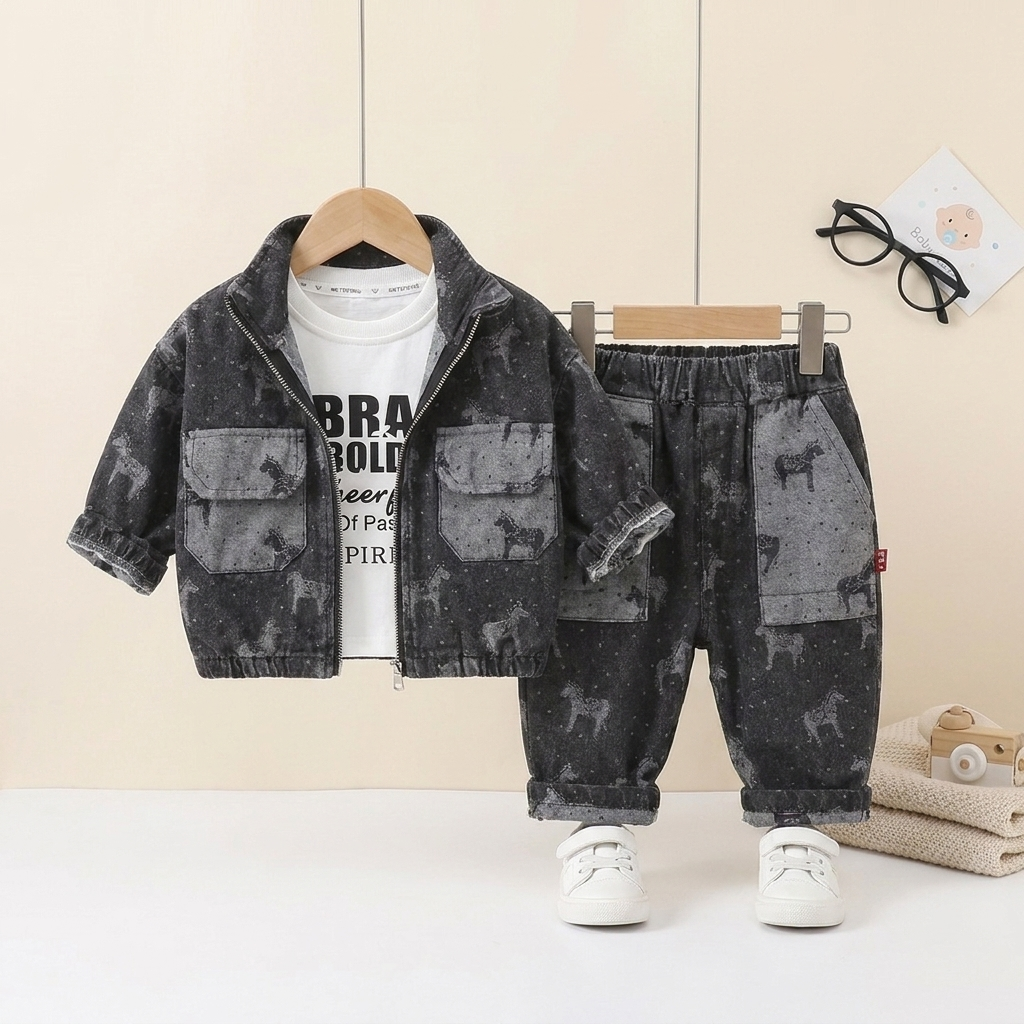 Baby Boy Denim Style 3 Piece Jacket Set – Charcoal Grey