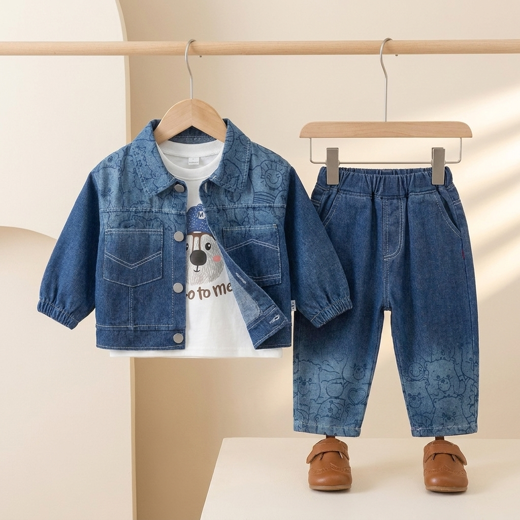 Baby Boy Denim Jacket 3 Piece Outfit Set – Blue