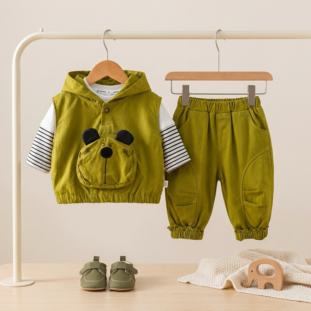 3-Piece Boys Bear Hooded Outfit Set – Hoodie Vest, Striped T-Shirt & Jogger Pants
