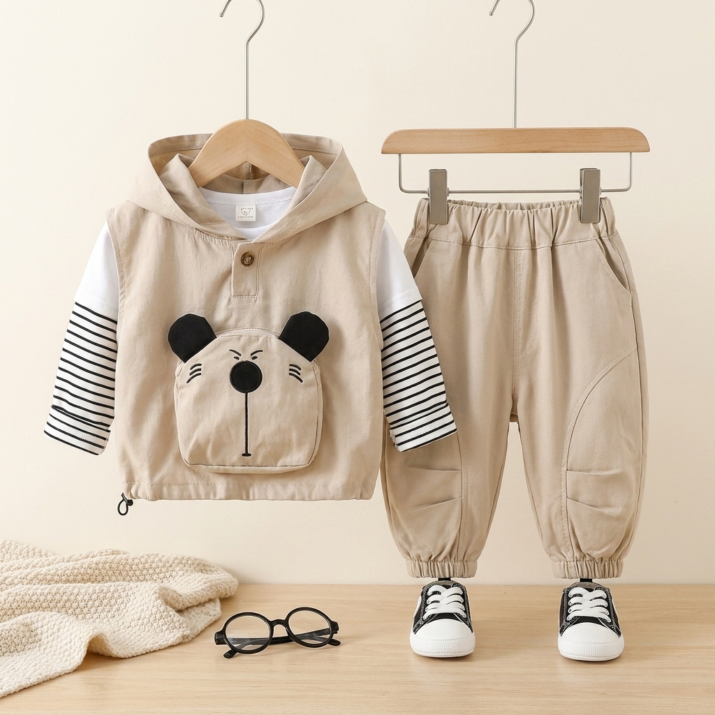 3-Piece Boys Bear Hooded Outfit Set – Sleeveless Hoodie, Striped T-Shirt & Jogger Pants (Beige)