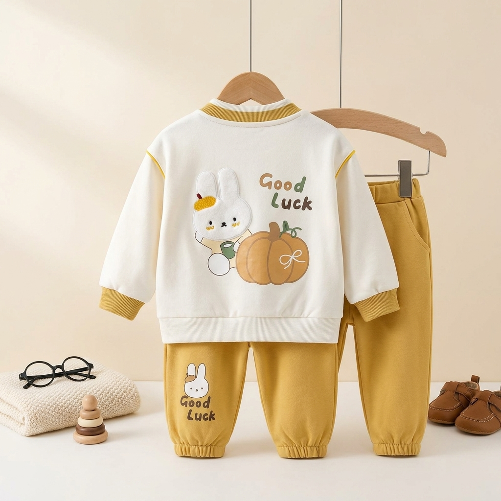 Baby Boy Good Luck Bunny 3 Piece Cotton Outfit Set – White & Mustard