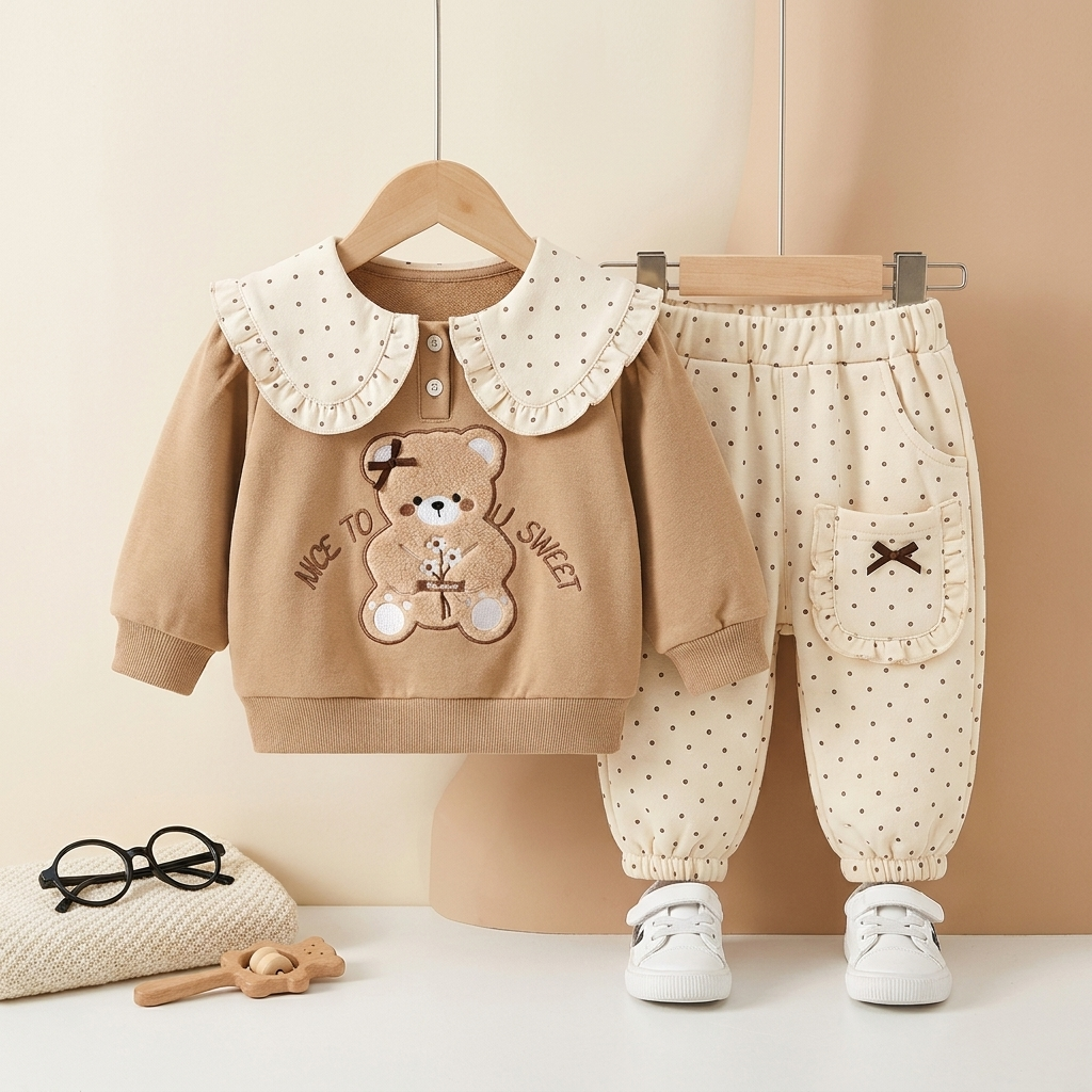 Baby Girl Teddy Collar Sweatshirt & Polka Dot Pants 2-Piece Set – Beige