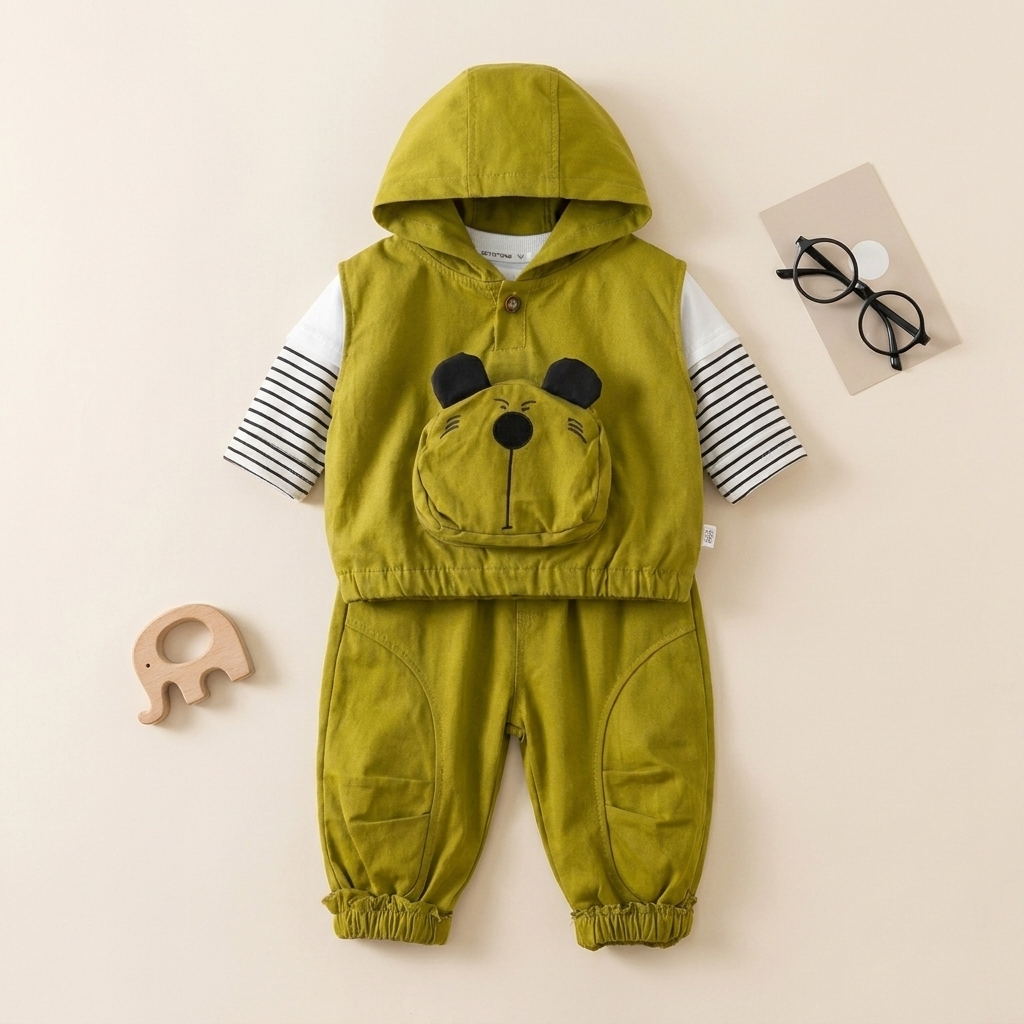3-Piece Boys Bear Hooded Outfit Set – Hoodie Vest, Striped T-Shirt & Jogger Pants