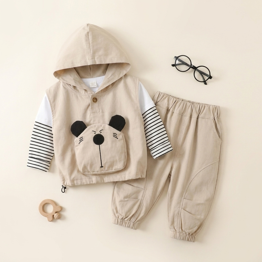 3-Piece Boys Bear Hooded Outfit Set – Sleeveless Hoodie, Striped T-Shirt & Jogger Pants (Beige)