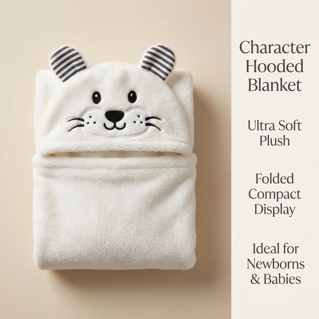 Baby Character Hooded Plush Blanket – White Cat