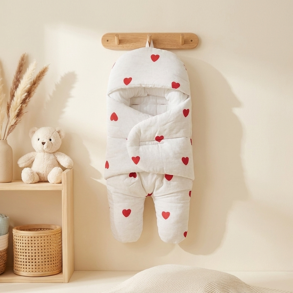 Heart Print Baby Carry Nest & Sleeping Bag – White