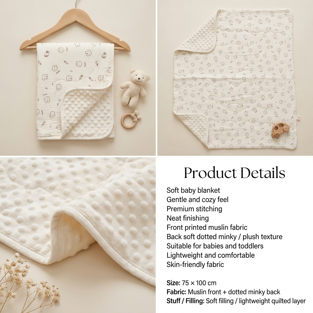 Little Bunny Muslin & Minky Baby Blanket – 75 × 100 cm