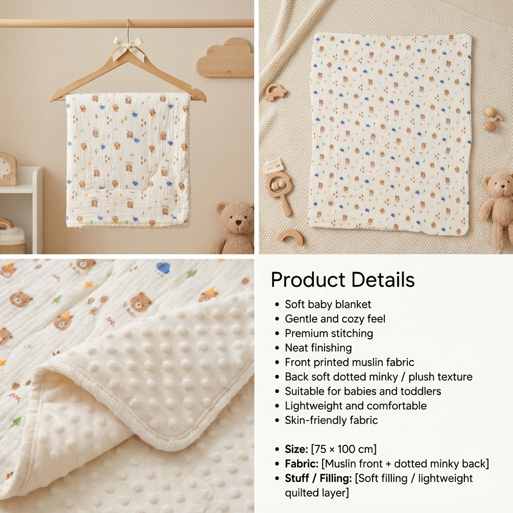 Tiny Bear Muslin & Minky Baby Blanket – 75 × 100 cm