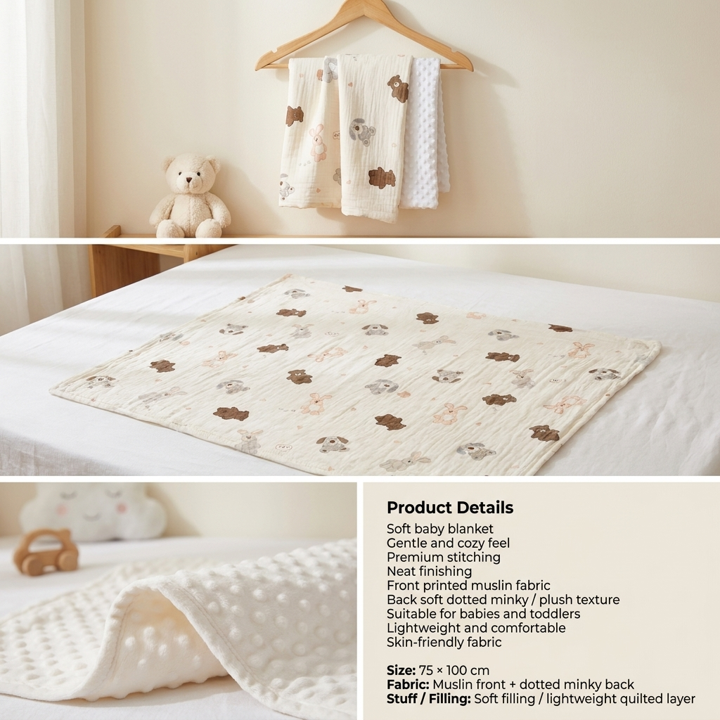 Little Friends Muslin & Minky Baby Blanket – 75 × 100 cm