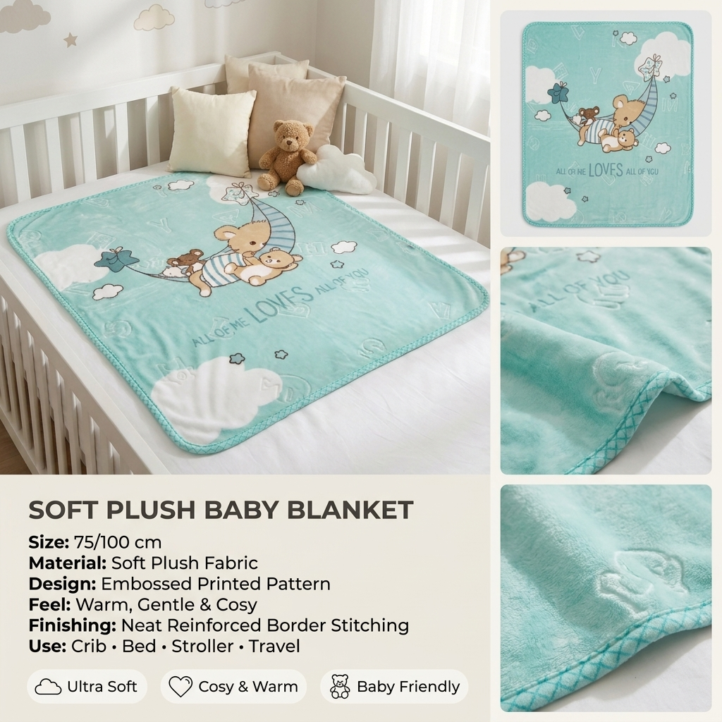 Dreamy Bear Plush Baby Blanket – Mint Green (75 × 100 cm)