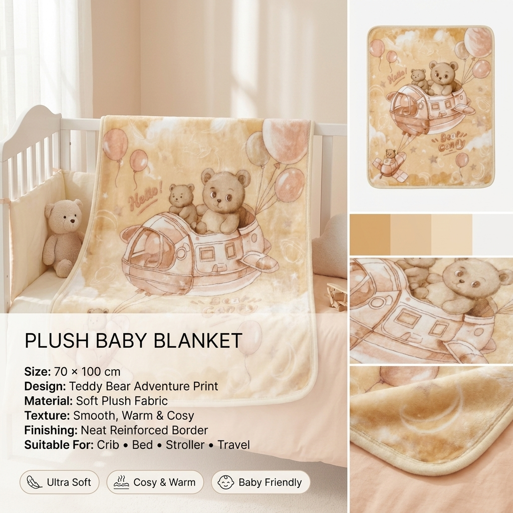 Teddy Bear Adventure Plush Baby Blanket – 70 × 100 cm