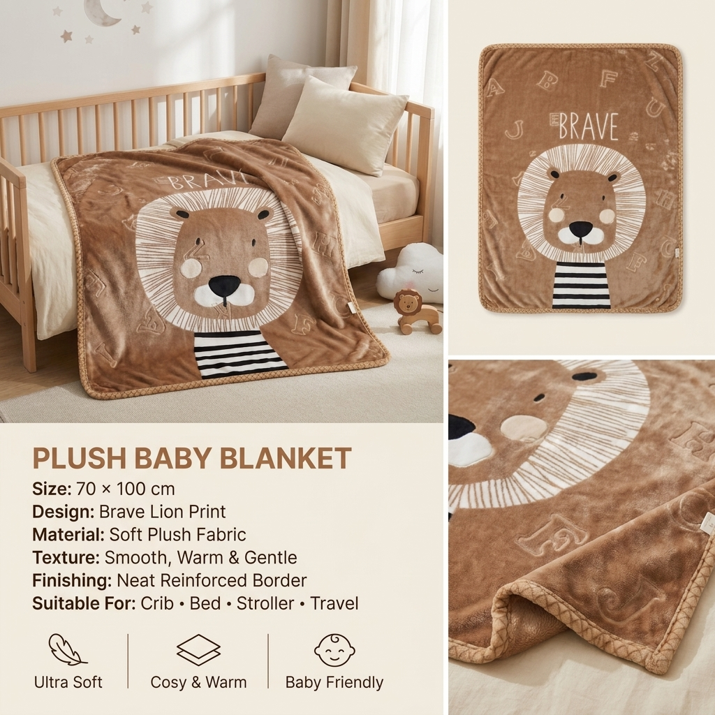 Brave Lion Plush Baby Blanket – 70 × 100 cm