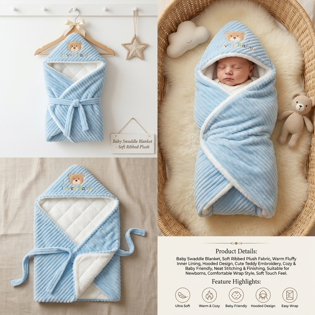 Lovely Bear Hooded Baby Swaddle Wrap – Sky Blue
