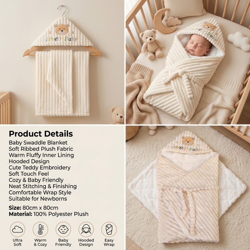 Lovely Bear Hooded Baby Swaddle Wrap – Cream (80 × 80 cm)