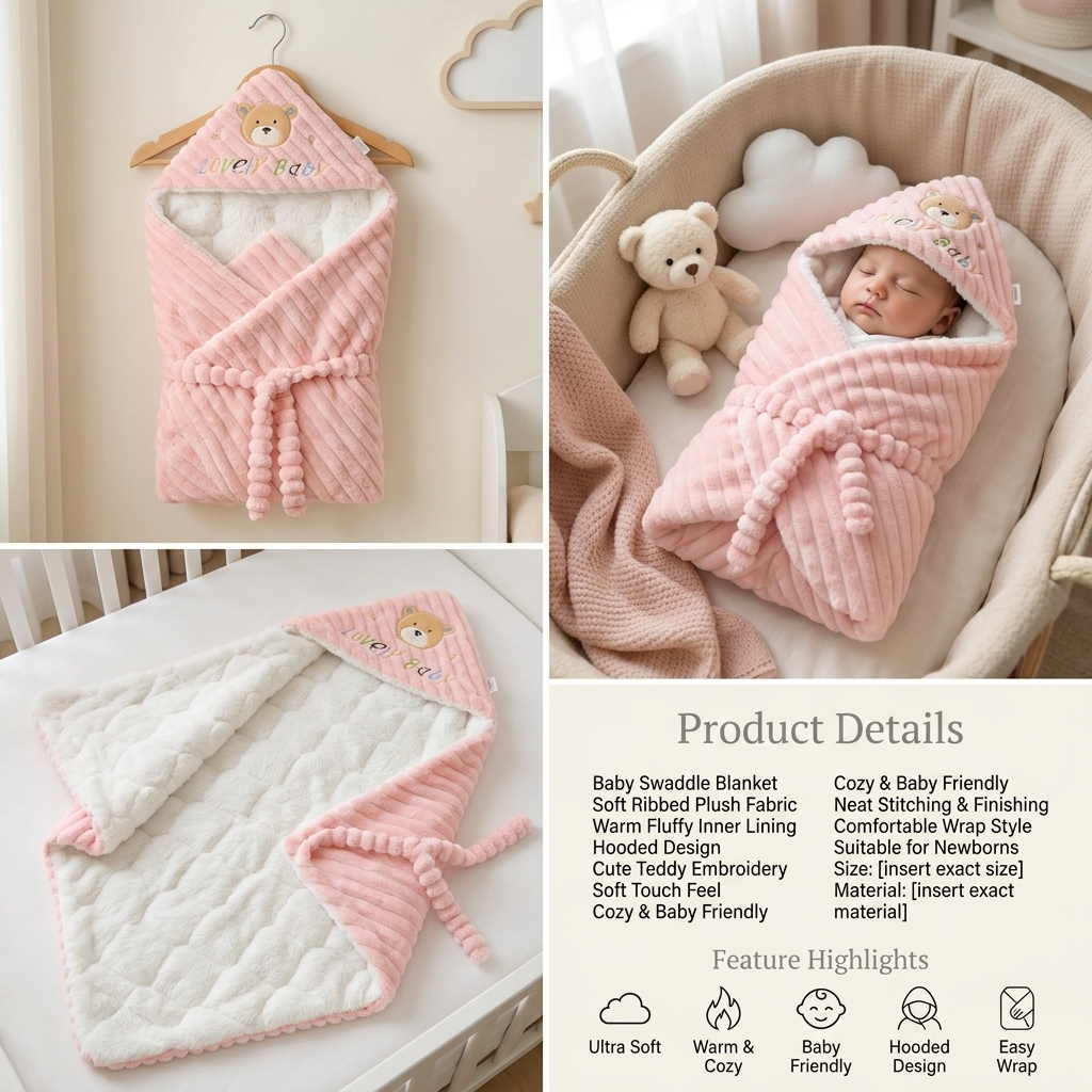 Lovely Bear Hooded Baby Swaddle Wrap – Pink