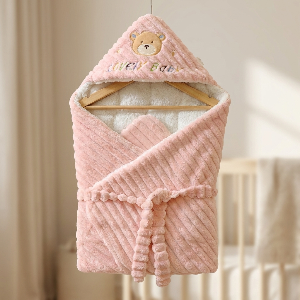 Lovely Bear Hooded Baby Swaddle Wrap – Pink