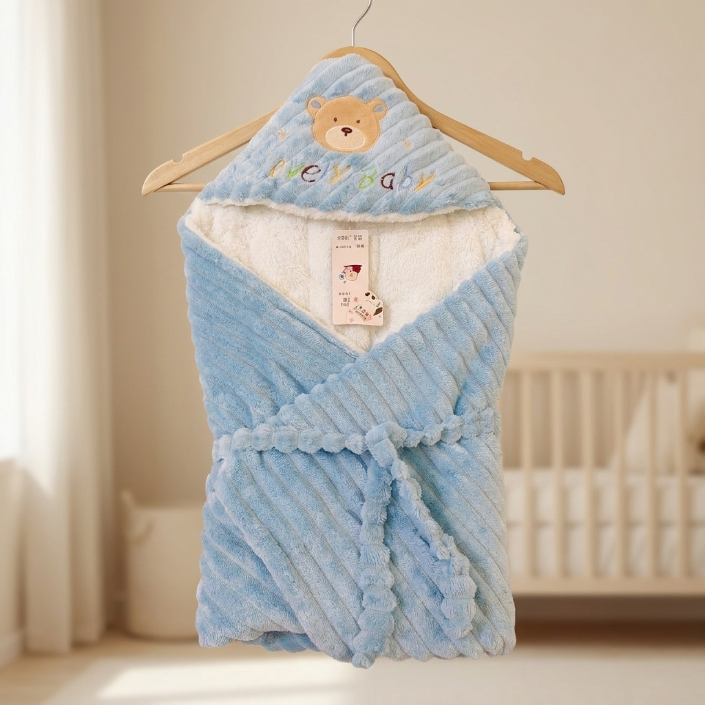 Lovely Bear Hooded Baby Swaddle Wrap – Sky Blue