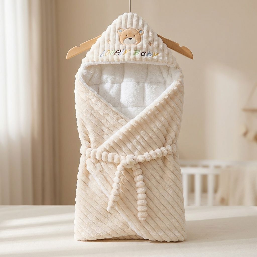 Lovely Bear Hooded Baby Swaddle Wrap – Cream (80 × 80 cm)
