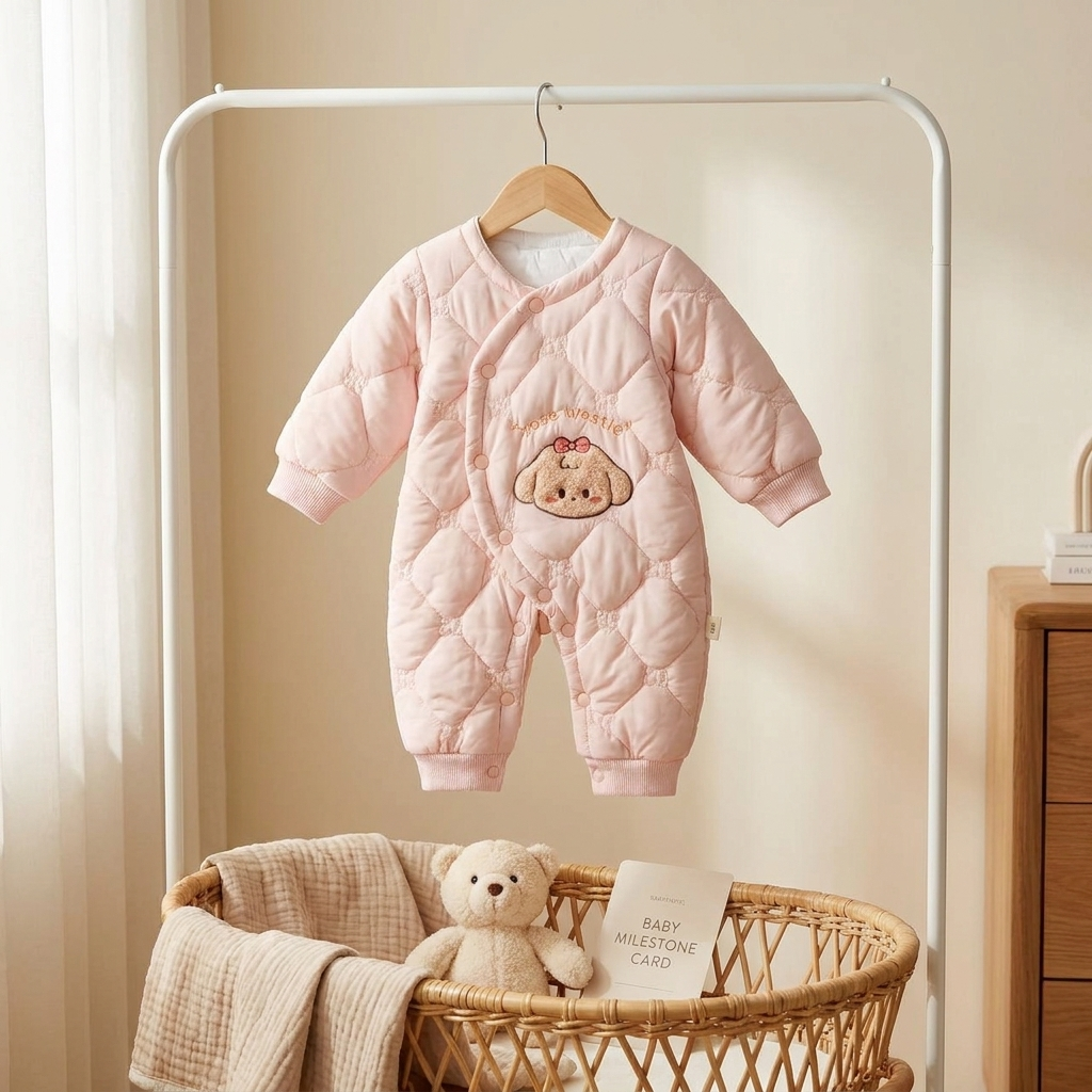Premium Quilted Bunny Winter Baby Romper – Blush Pink