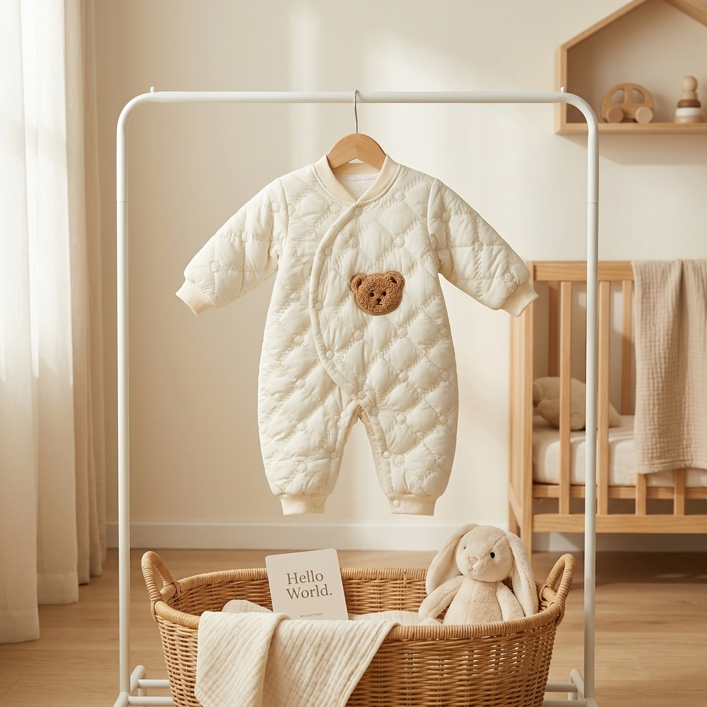 Premium Quilted Teddy Winter Baby Romper – Ivory