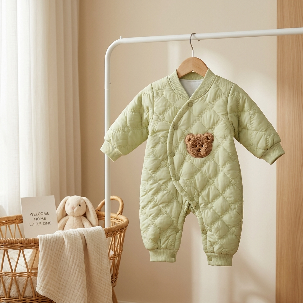 Premium Quilted Teddy Winter Baby Romper – Sage Green