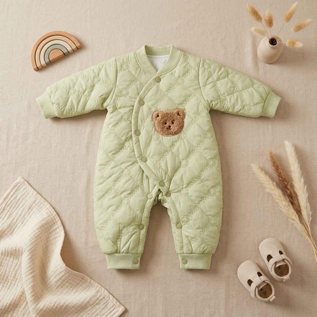 Premium Quilted Teddy Winter Baby Romper – Sage Green