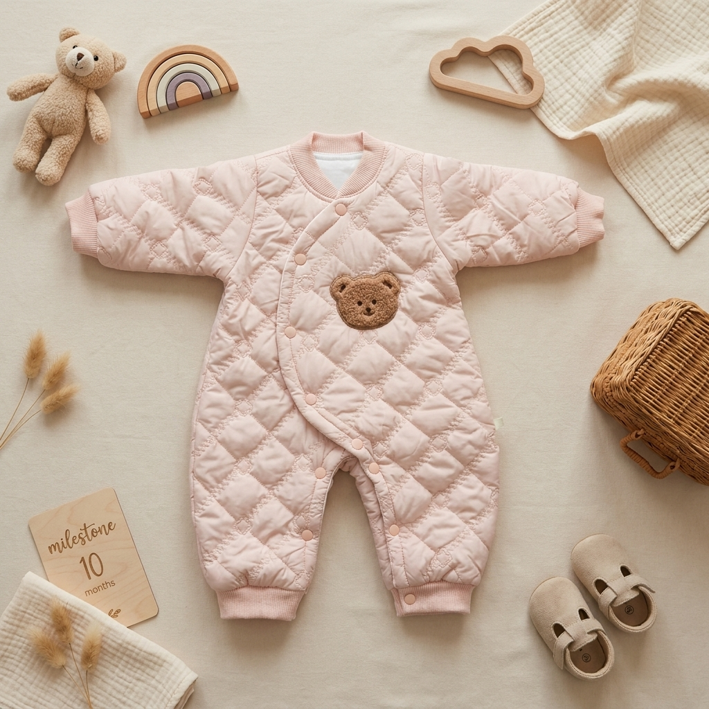 Premium Quilted Teddy Winter Baby Romper – Blush Pink