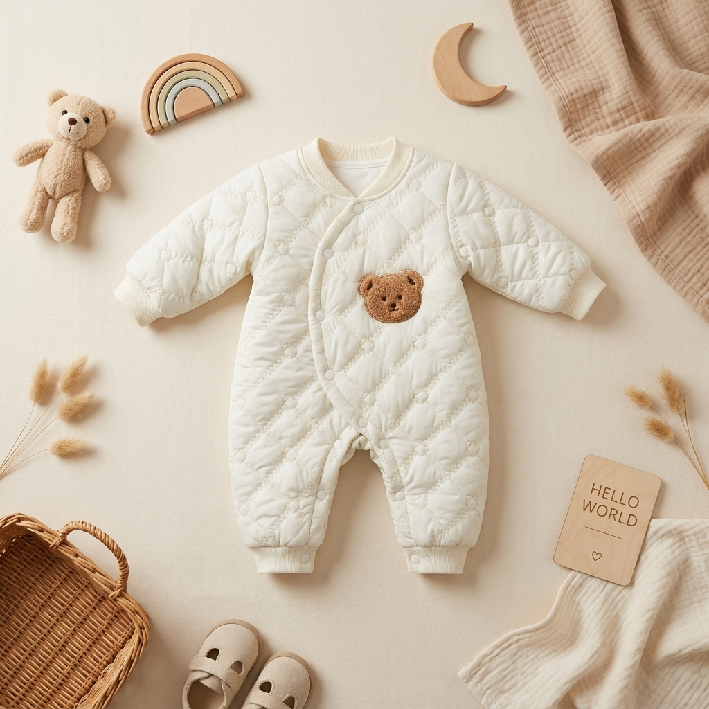 Premium Quilted Teddy Winter Baby Romper – Ivory