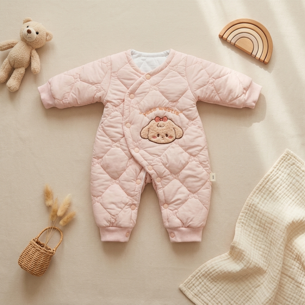 Premium Quilted Bunny Winter Baby Romper – Blush Pink
