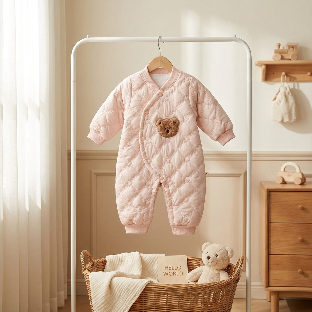 Premium Quilted Teddy Winter Baby Romper – Blush Pink